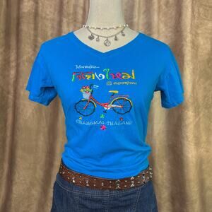 Y2K Thailand Bicycle Baby Tee Chaing Mai Embroidered Blue Floral Travel Souvenir